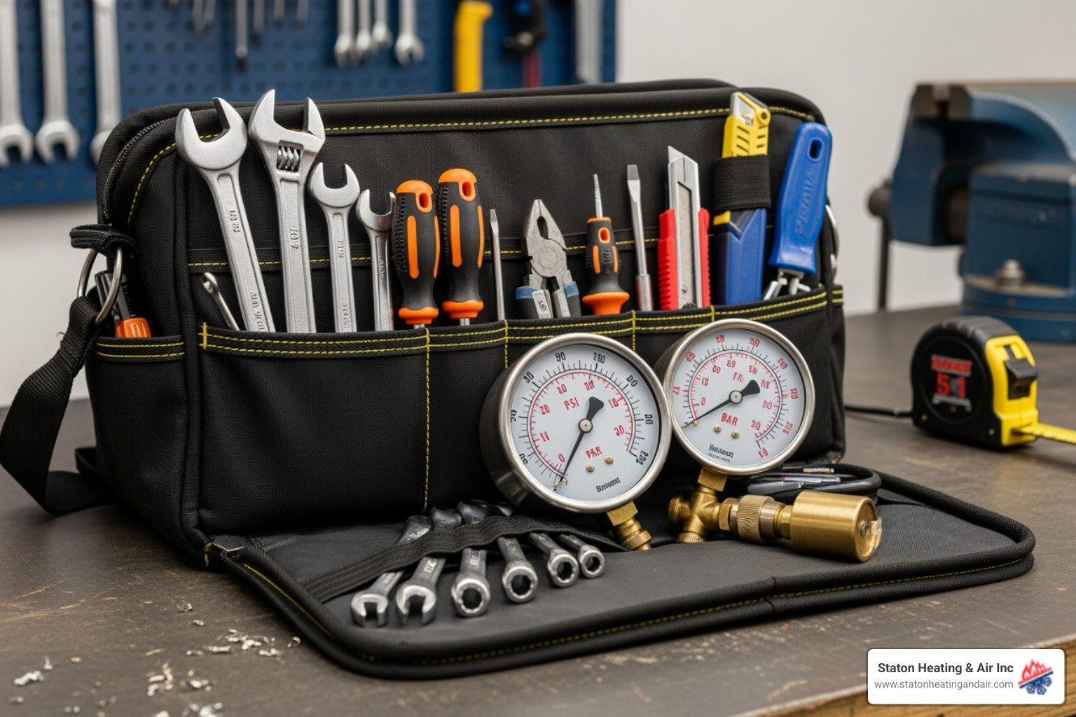 Technician's tool bag with gauges and tools - heat pump maintenance dunwoody Technician's tool bag with gauges and tools - heat pump maintenance dunwoody