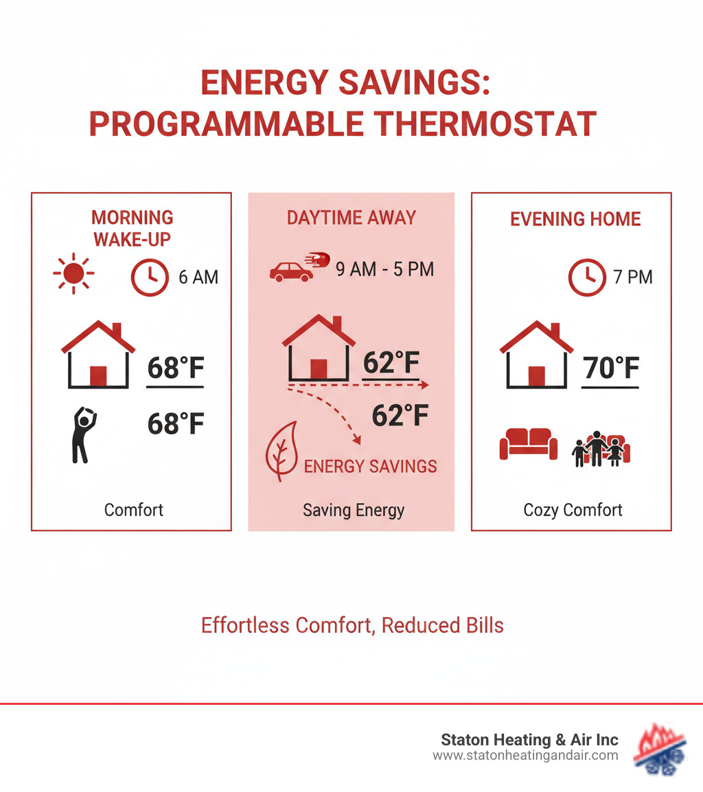 Infographic showing how a programmable thermostat saves energy throughout the day with three scenarios: morning wake-up temperature at 68°F, daytime away temperature at 62°F to save energy, and evening home temperature at 70°F for comfort, with energy savings highlighted during away periods - programmable thermostat service cumming infographic Infographic showing how a programmable thermostat saves energy throughout the day with three scenarios: morning wake-up temperature at 68°F, daytime away temperature at 62°F to save energy, and evening home temperature at 70°F for comfort, with energy savings highlighted during away periods - programmable thermostat service cumming infographic