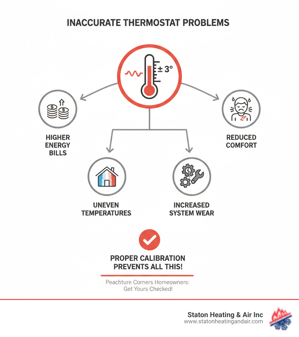 Infographic showing how an inaccurate thermostat causes your HVAC system to run unnecessarily, leading to higher energy bills, uneven temperatures throughout your home, increased wear on system components, and reduced comfort levels—all problems that proper calibration prevents - thermostat calibration peachtree corners infographic 