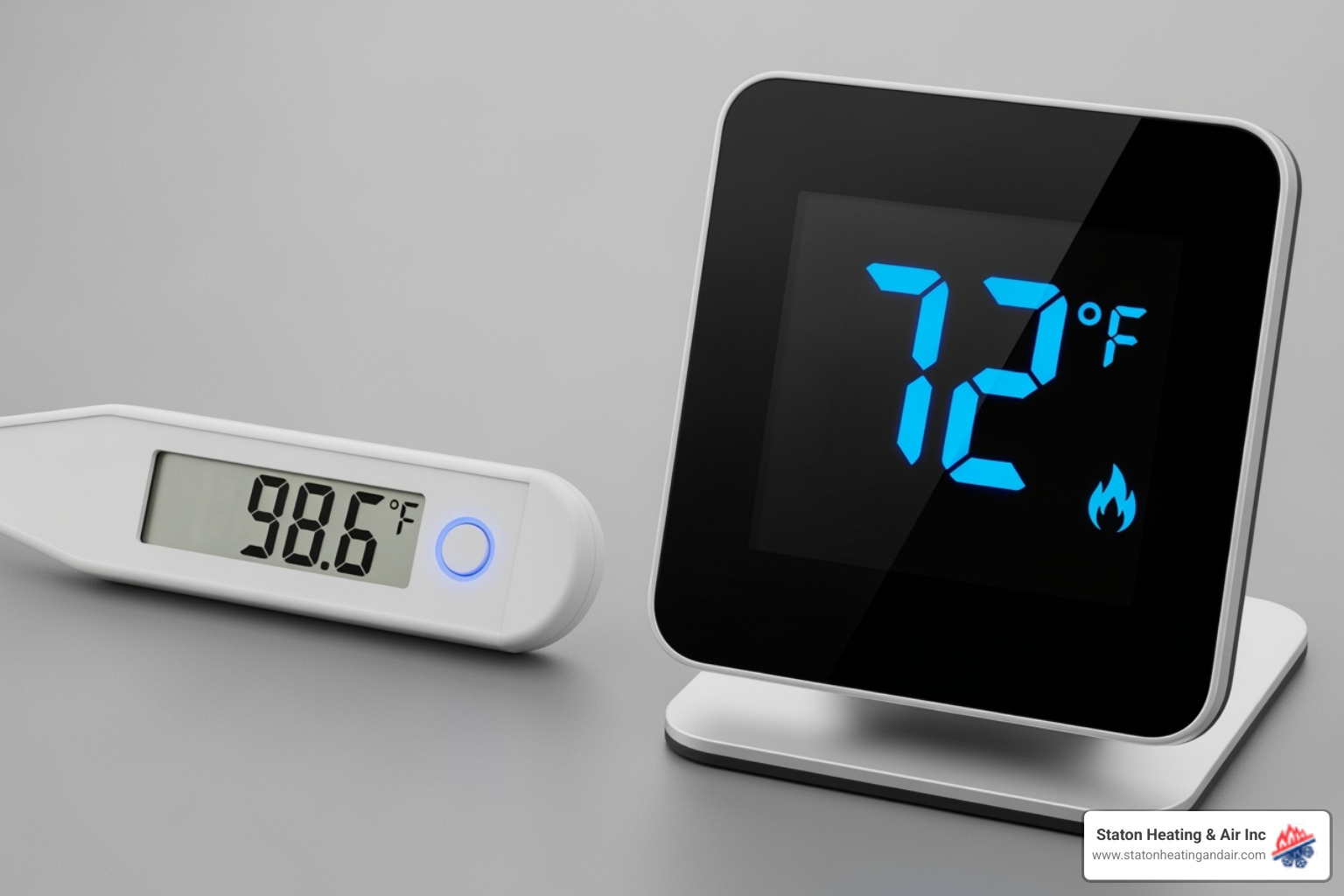 A side-by-side comparison of a thermometer and a thermostat showing different temperature readings - thermostat calibration peachtree corners