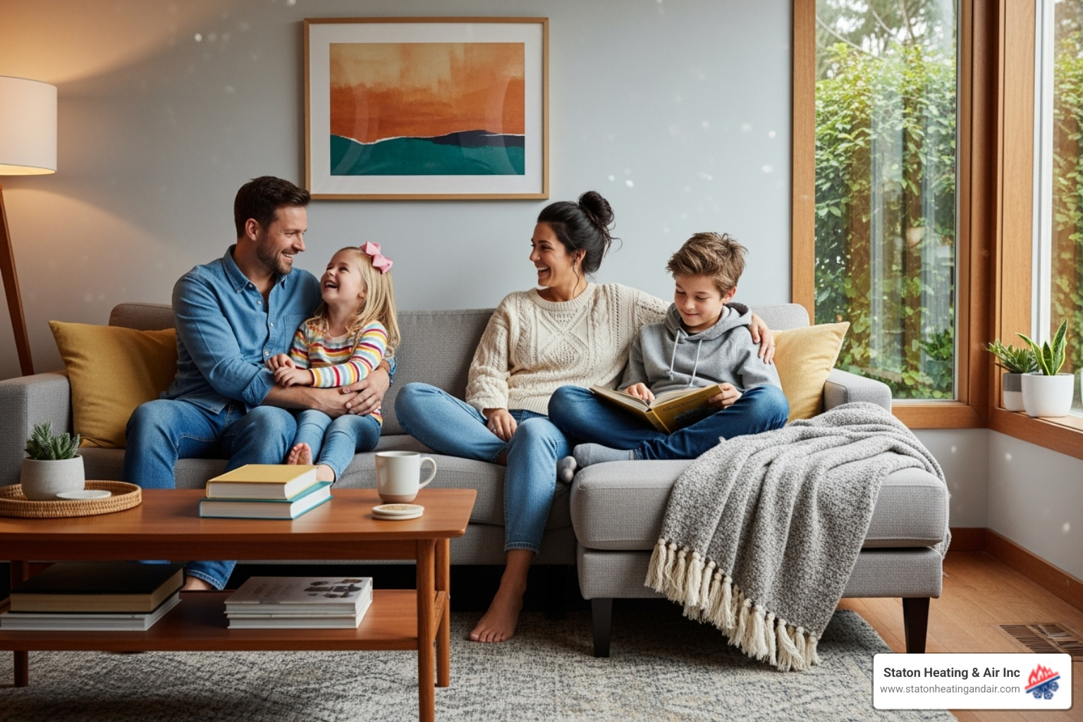 of a family relaxing comfortably in their living room - heat pump replacement alpharetta of a family relaxing comfortably in their living room - heat pump replacement alpharetta
