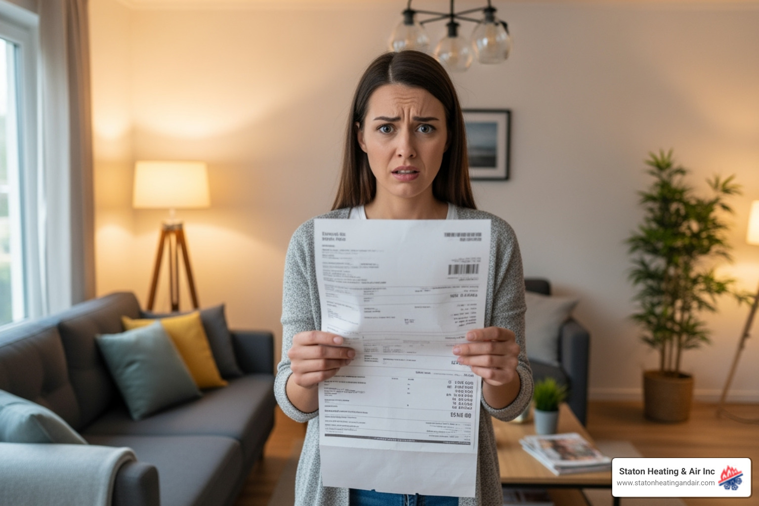 of a homeowner looking concerned at a high utility bill - heat pump replacement alpharetta of a homeowner looking concerned at a high utility bill - heat pump replacement alpharetta