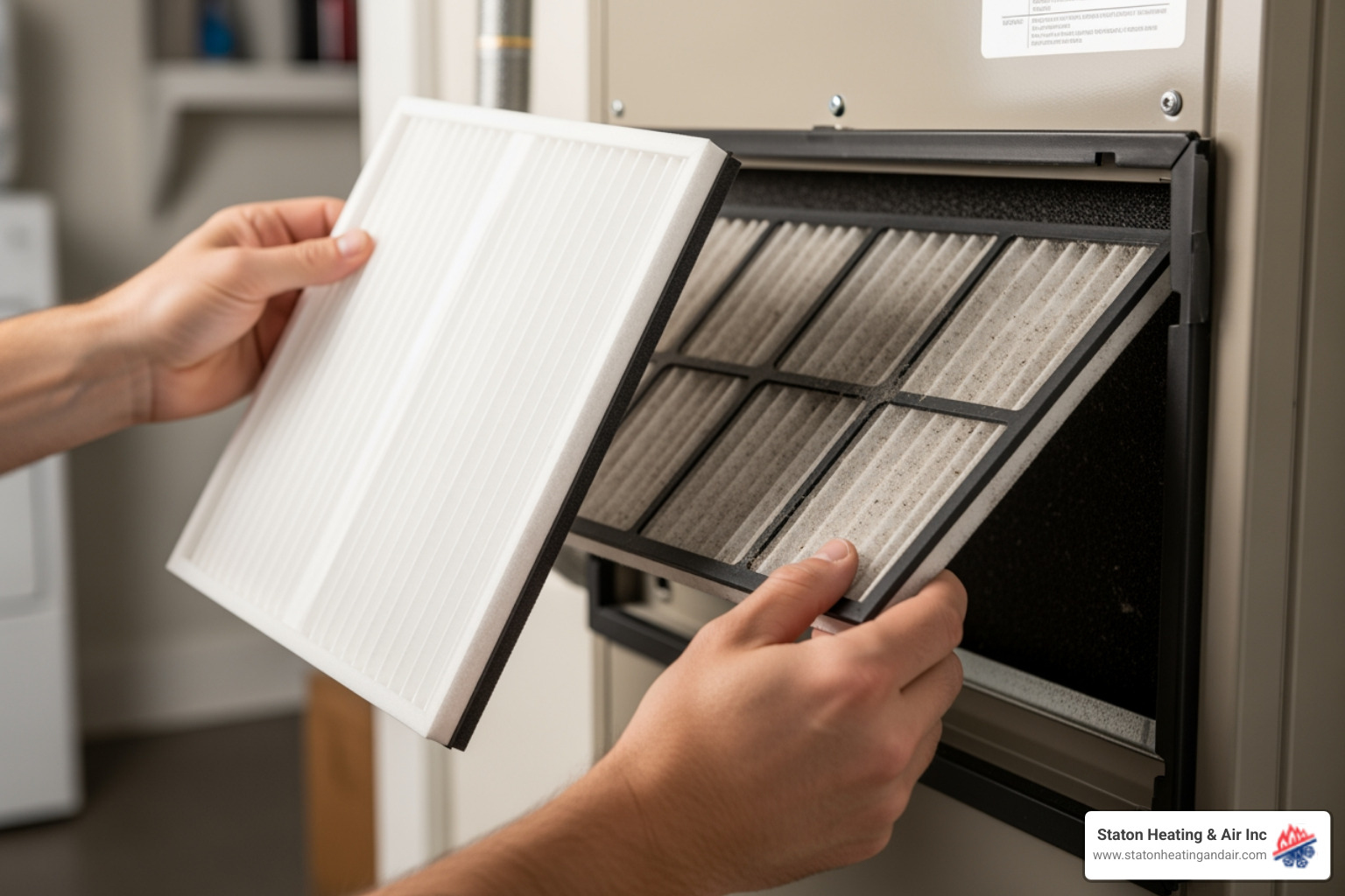 A homeowner diligently changing their furnace filter, holding a new, clean filter ready to be inserted into the HVAC unit. - "My heating is not working and I live in Atlanta. Who are the best companies to call for a repair?" A homeowner diligently changing their furnace filter, holding a new, clean filter ready to be inserted into the HVAC unit. - "My heating is not working and I live in Atlanta. Who are the best companies to call for a repair?"