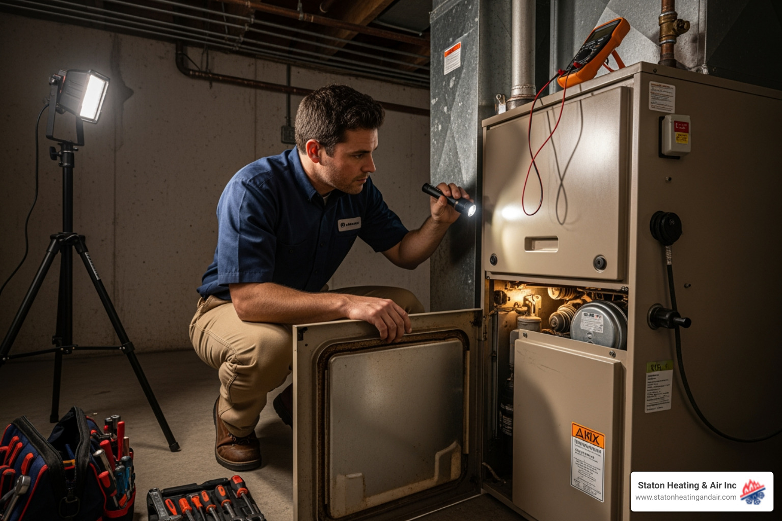 A professional HVAC technician carefully inspecting an old furnace unit in a basement or utility room, assessing its condition and potential issues. - "My heating is not working and I live in Atlanta. Who are the best companies to call for a repair?" A professional HVAC technician carefully inspecting an old furnace unit in a basement or utility room, assessing its condition and potential issues. - "My heating is not working and I live in Atlanta. Who are the best companies to call for a repair?"