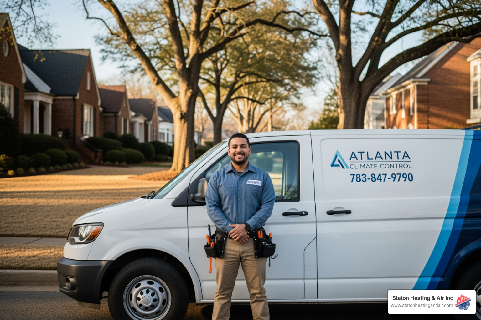 A friendly, professional HVAC technician in a clean uniform, standing confidently beside a modern service van in a sunny Atlanta neighborhood. - "My heating is not working and I live in Atlanta. Who are the best companies to call for a repair?" A friendly, professional HVAC technician in a clean uniform, standing confidently beside a modern service van in a sunny Atlanta neighborhood. - "My heating is not working and I live in Atlanta. Who are the best companies to call for a repair?"