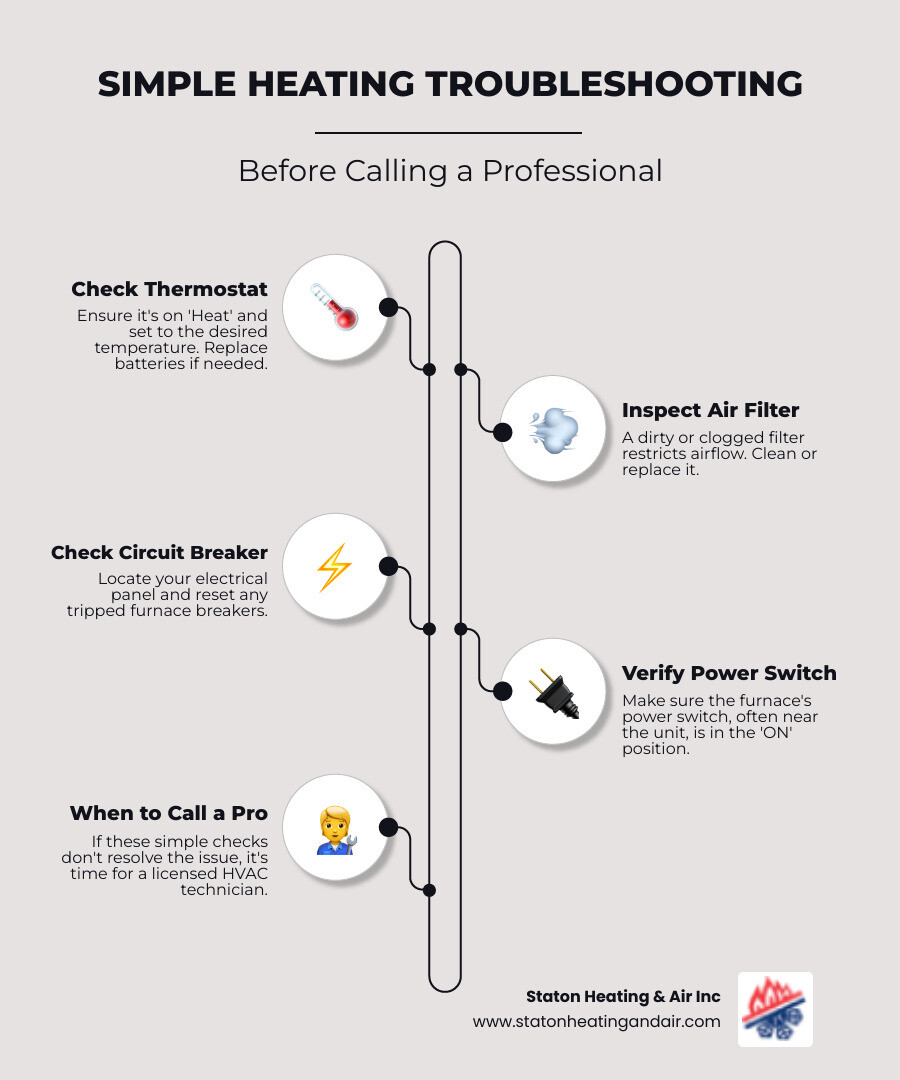 Infographic explaining simple heating system troubleshooting steps for homeowners, including checking thermostat settings, replacing air filter, inspecting circuit breaker, verifying power switch, and knowing when to call a professional HVAC technician. - "My heating is not working and I live in Atlanta. Who are the best companies to call for a repair?" infographic infographic-line-5-steps-elegant_beige Infographic explaining simple heating system troubleshooting steps for homeowners, including checking thermostat settings, replacing air filter, inspecting circuit breaker, verifying power switch, and knowing when to call a professional HVAC technician. - "My heating is not working and I live in Atlanta. Who are the best companies to call for a repair?" infographic infographic-line-5-steps-elegant_beige