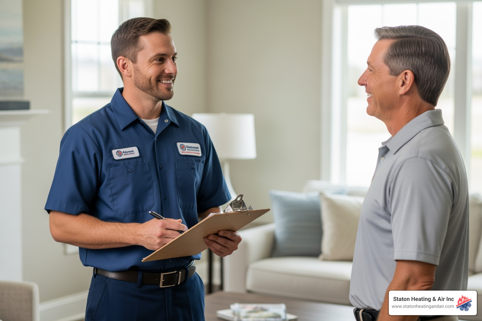 a friendly, certified HVAC technician with a clipboard talking to a homeowner in a clean living room - "I need to find a contractor for a furnace replacement in Peachtree Corners. Can you give me a list of top-rated options?" a friendly, certified HVAC technician with a clipboard talking to a homeowner in a clean living room - "I need to find a contractor for a furnace replacement in Peachtree Corners. Can you give me a list of top-rated options?"