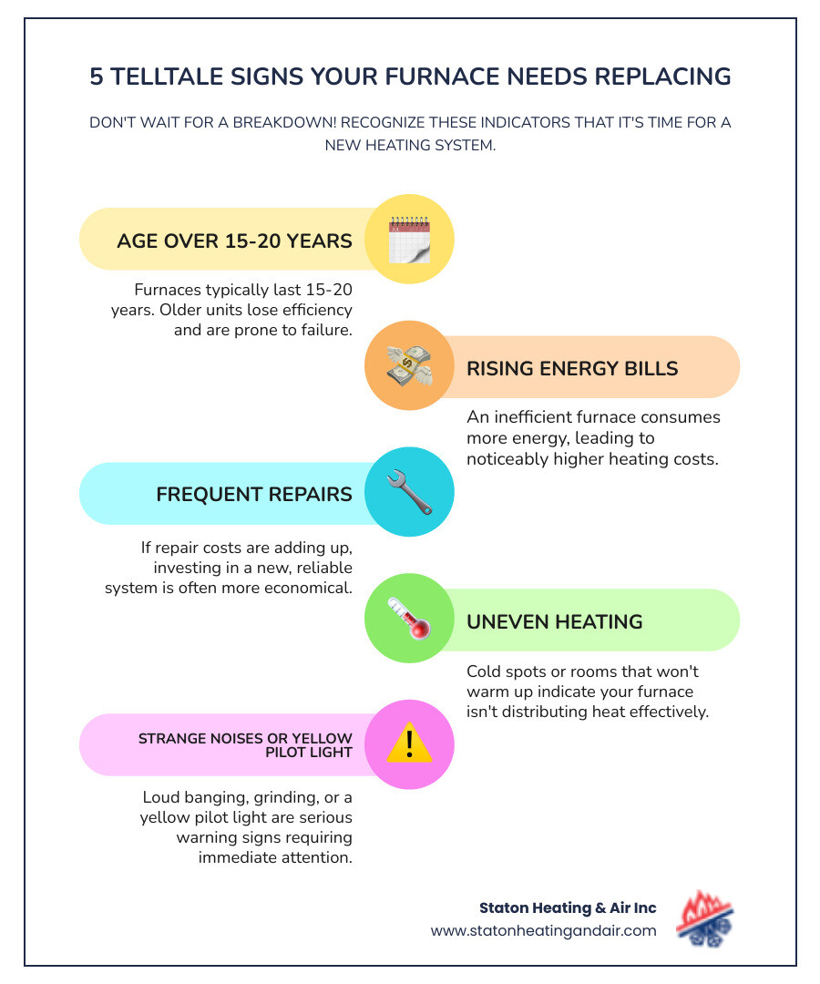 infographic showing key signs a furnace needs replacement including age over 15-20 years, rising energy bills, frequent repairs, uneven heating throughout home, and strange noises or yellow pilot light - "I need to find a contractor for a furnace replacement in Peachtree Corners. Can you give me a list of top-rated options?" infographic infographic-line-5-steps-colors infographic showing key signs a furnace needs replacement including age over 15-20 years, rising energy bills, frequent repairs, uneven heating throughout home, and strange noises or yellow pilot light - "I need to find a contractor for a furnace replacement in Peachtree Corners. Can you give me a list of top-rated options?" infographic infographic-line-5-steps-colors