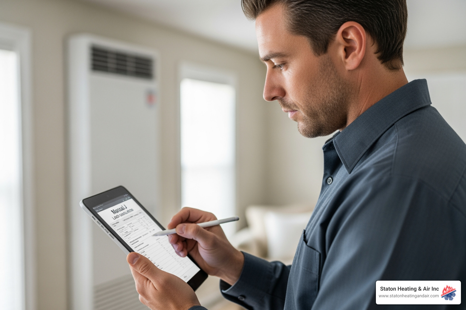 HVAC technician performing a Manual J load calculation on a tablet - Which companies near Cumming, GA are experts in air to air heat pump installation? HVAC technician performing a Manual J load calculation on a tablet - Which companies near Cumming, GA are experts in air to air heat pump installation?