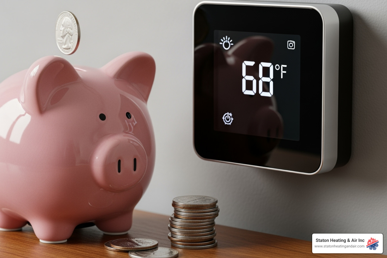 a piggy bank next to a thermostat showing a lower temperature setting - duct sealing dunwoody