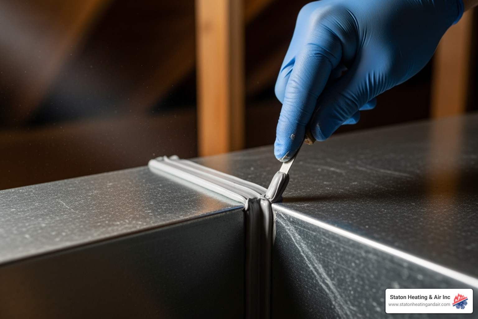 technician applying mastic sealant to a duct joint - duct sealing dunwoody