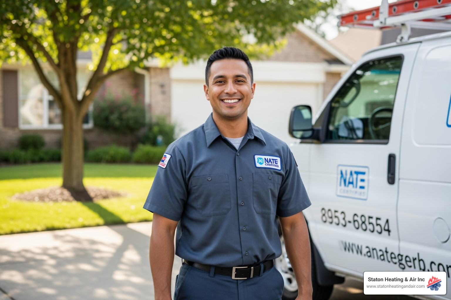 Friendly technician with a company van showing a NATE-certified patch - heat pump service near me atlanta