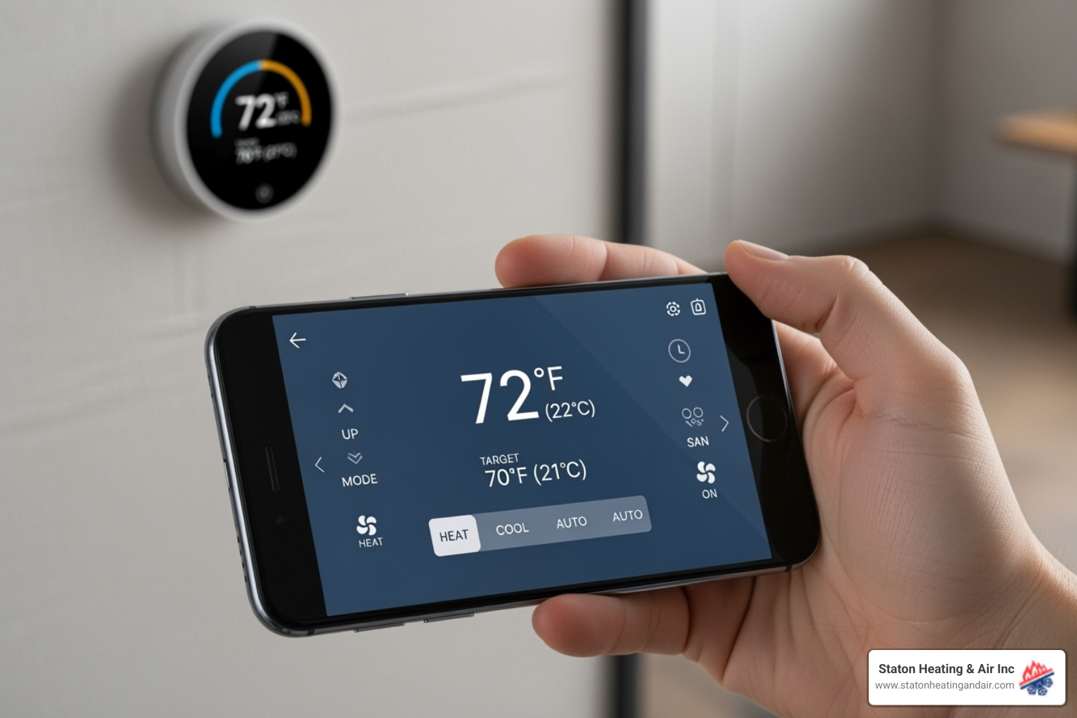 person using smartphone to control smart thermostat - thermostat wiring repair ga