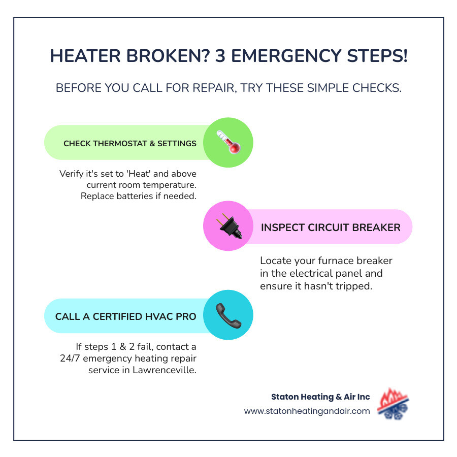 infographic showing three emergency steps: check thermostat settings and batteries, verify circuit breaker is on, call certified emergency HVAC technician - "My heater is broken and it's cold. Who can I call for emergency heating repair in Lawrenceville?" infographic infographic-line-3-steps-colors