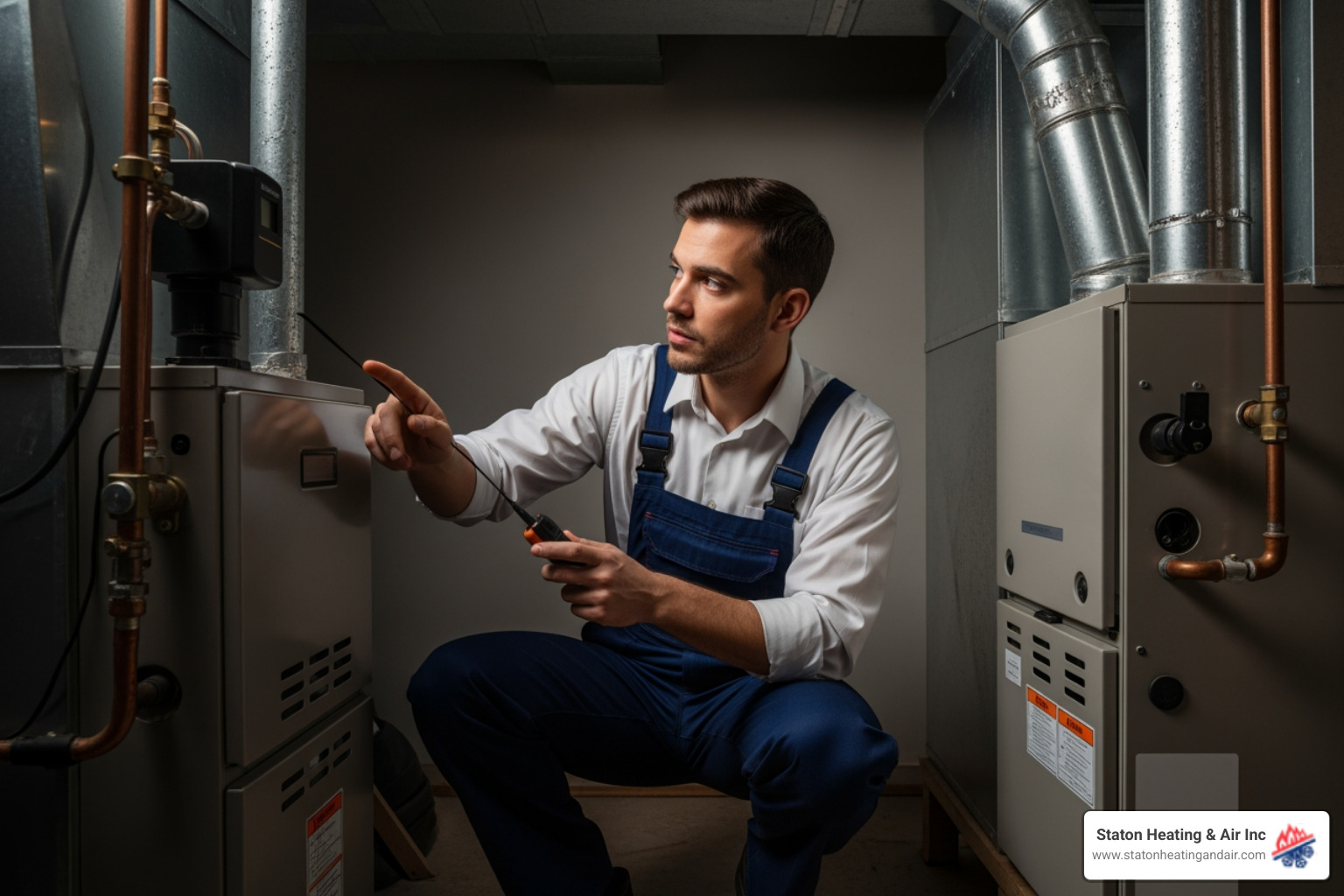 Infographic showing the 5 critical signs your furnace needs immediate emergency replacement: 1) Carbon monoxide detector alarm or yellow pilot light indicating dangerous gas leaks, 2) Furnace age over 15-20 years with frequent breakdowns, 3) Cracked heat exchanger posing safety hazards, 4) Complete system failure with no heat output, 5) Persistent loud banging or grinding noises indicating major component failure - 24 hour heating replacement in marietta, ga Infographic showing the 5 critical signs your furnace needs immediate emergency replacement: 1) Carbon monoxide detector alarm or yellow pilot light indicating dangerous gas leaks, 2) Furnace age over 15-20 years with frequent breakdowns, 3) Cracked heat exchanger posing safety hazards, 4) Complete system failure with no heat output, 5) Persistent loud banging or grinding noises indicating major component failure - 24 hour heating replacement in marietta, ga