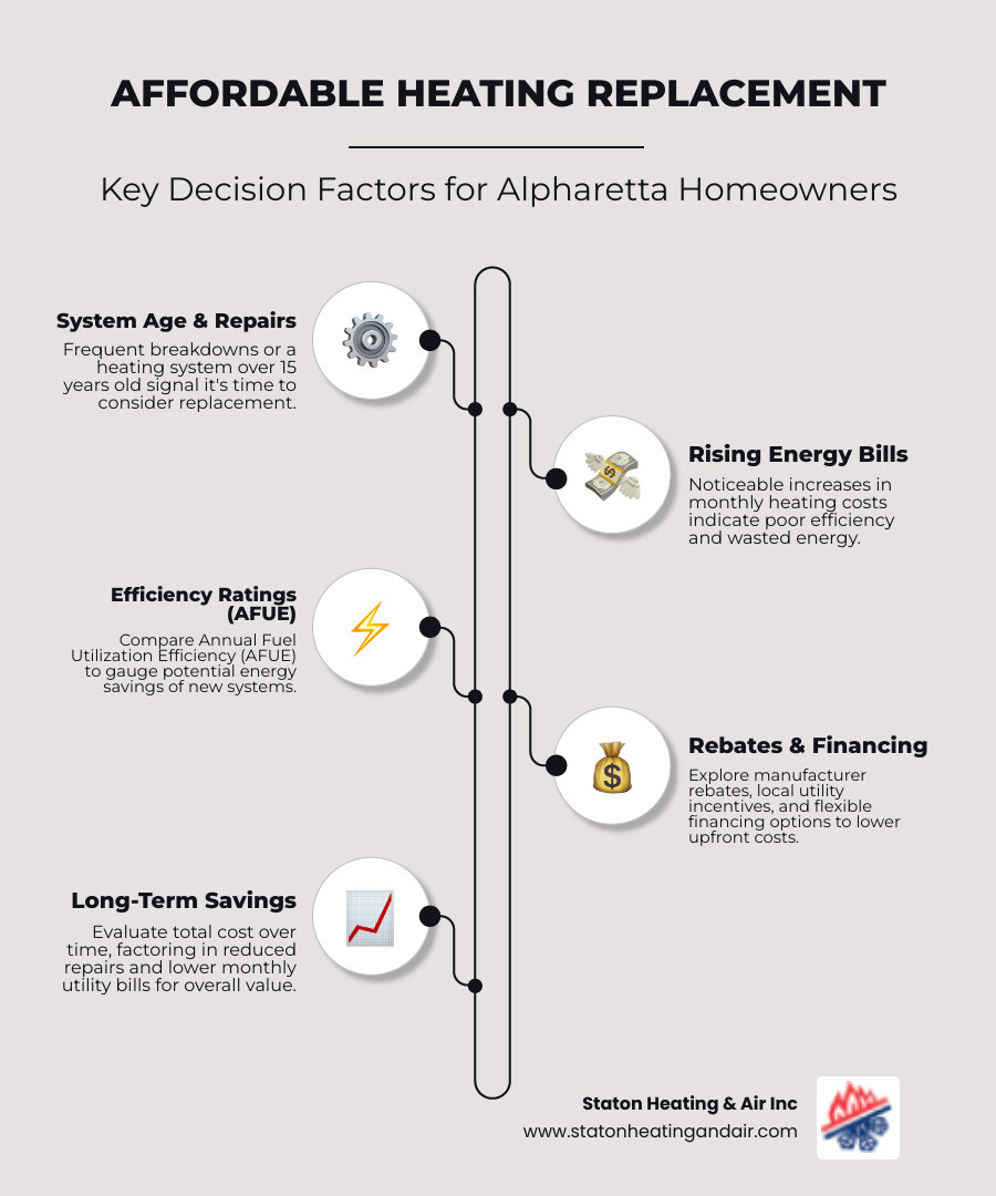 Infographic showing decision factors for heating replacement affordability including system age over 15 years, frequent repair costs, rising energy bills, AFUE efficiency ratings, available rebates and incentives, financing options, and long-term monthly savings comparison - affordable heating replacement in alpharetta, ga infographic infographic-line-5-steps-elegant_beige