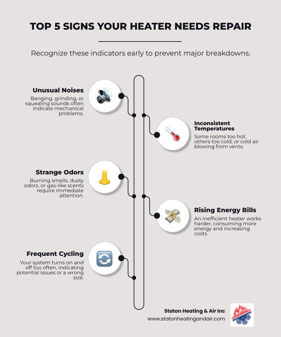 infographic showing the top 5 signs your heater needs repair: unusual noises like banging or grinding, inconsistent room temperatures, strange burning or musty odors, unexplained increases in energy bills, and frequent on-off cycling - heating repair in alpharetta, ga infographic infographic-line-5-steps-elegant_beige