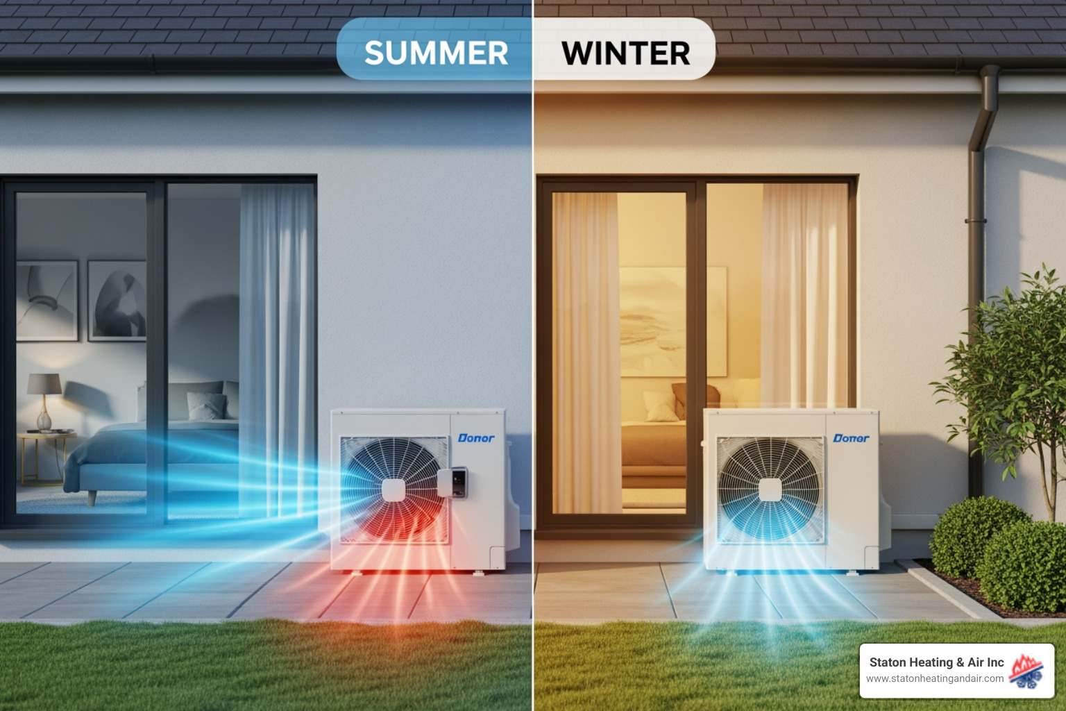 infographic showing heat pump operation in summer cooling mode with arrows indicating heat removal from home and heat pump operation in winter heating mode with arrows indicating heat absorption from outside air and transfer indoors, including labels for outdoor unit, indoor unit, refrigerant flow direction, and reversing valve function - heat pump replacement alpharetta ga