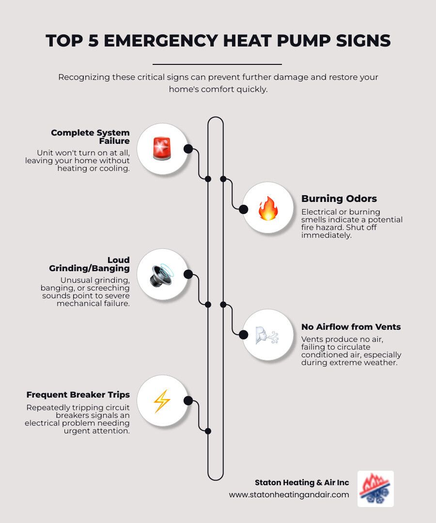 Infographic showing the top 5 signs your heat pump needs emergency repair: 1. Complete system failure with no power, 2. Burning or electrical odors indicating fire risk, 3. Loud grinding or banging sounds from mechanical failure, 4. No airflow from vents during extreme weather, 5. Frequent breaker trips or electrical issues - emergency heat pump repair in alpharetta, ga infographic infographic-line-5-steps-elegant_beige