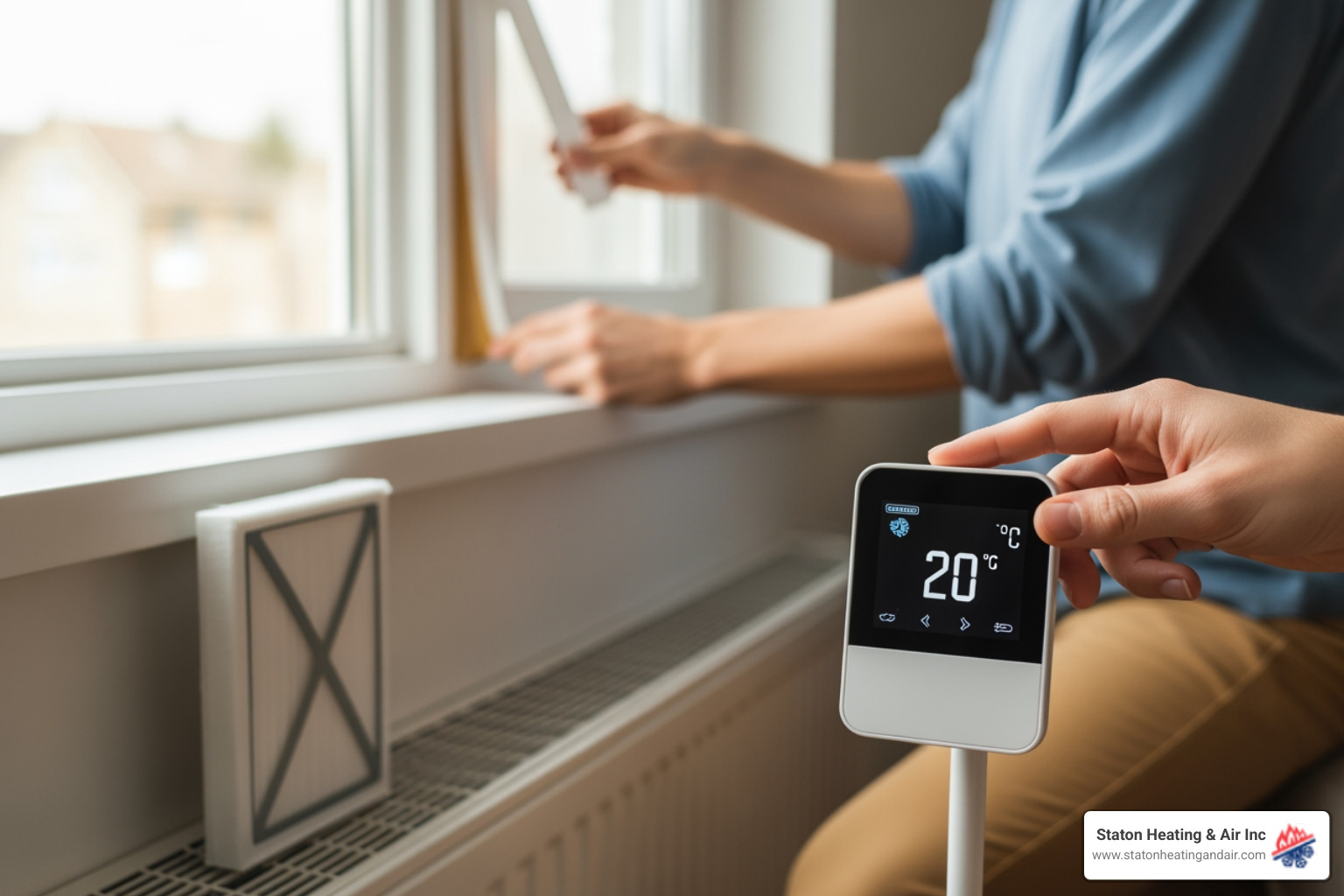 infographic showing annual heating cost savings through maintenance schedule, thermostat adjustments, filter changes, and air sealing with dollar amounts and percentages - affordable heating in austell, ga