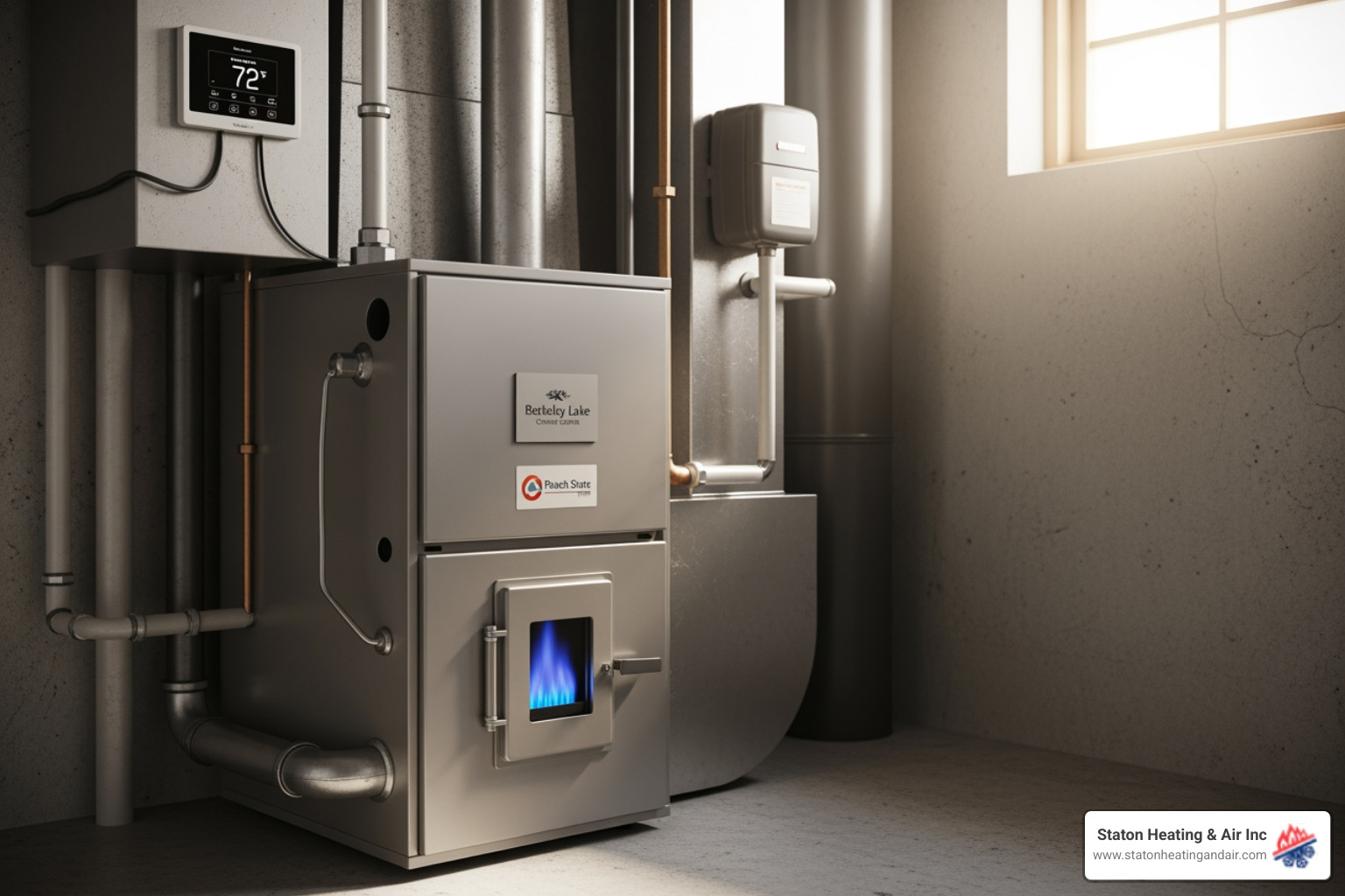 Infographic showing the key benefits of choosing a top-rated heating contractor from Staton Heating & Air Inc: faster response times, NATE-certified technicians, comprehensive warranties, energy-efficient solutions, and long-term cost savings through preventative maintenance - top rated heating in berkeley lake, ga