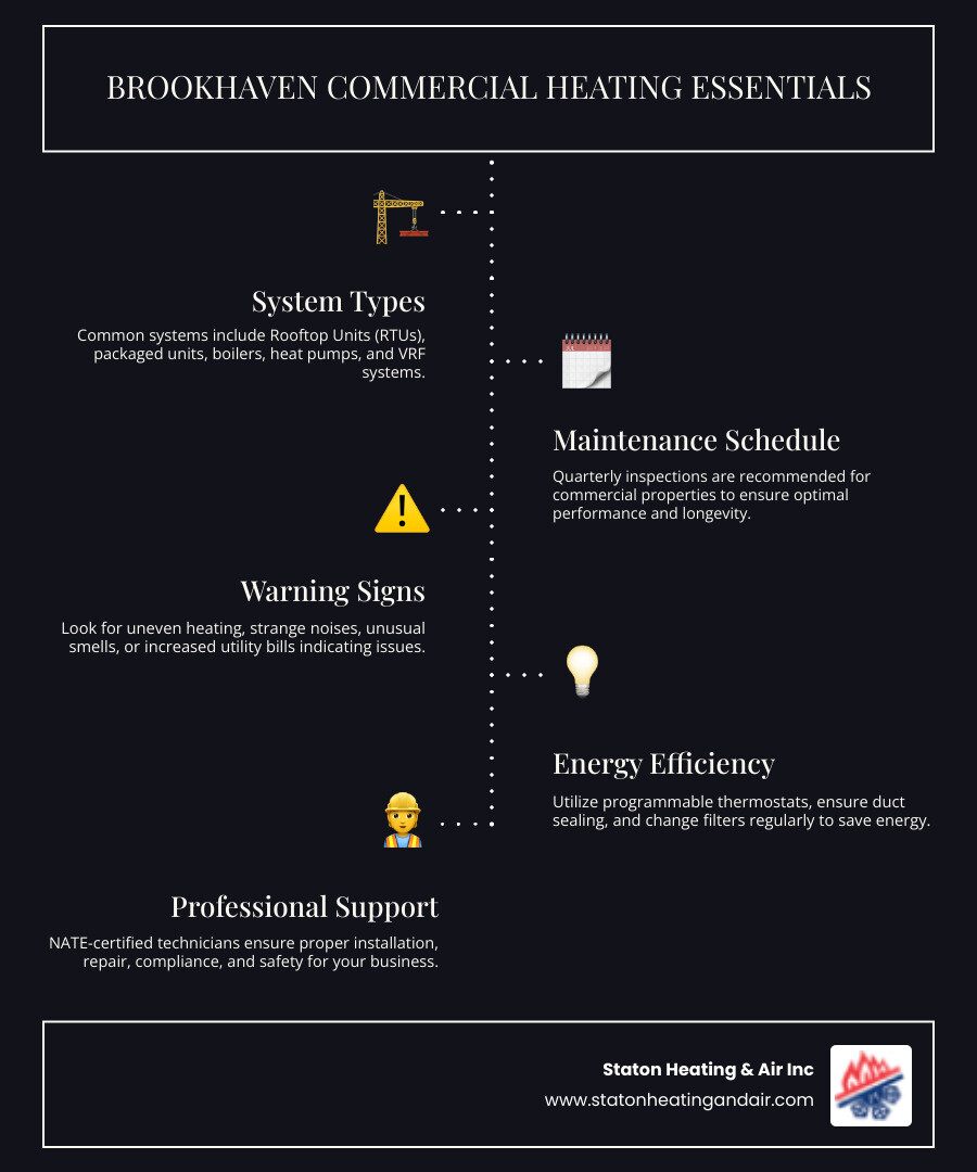 Infographic showing Brookhaven commercial heating system types, recommended maintenance schedules, common warning signs like uneven heating and strange noises, and energy efficiency tips including programmable thermostats and duct sealing - commercial heating in brookhaven, ga infographic infographic-line-5-steps-dark Infographic showing Brookhaven commercial heating system types, recommended maintenance schedules, common warning signs like uneven heating and strange noises, and energy efficiency tips including programmable thermostats and duct sealing - commercial heating in brookhaven, ga infographic infographic-line-5-steps-dark