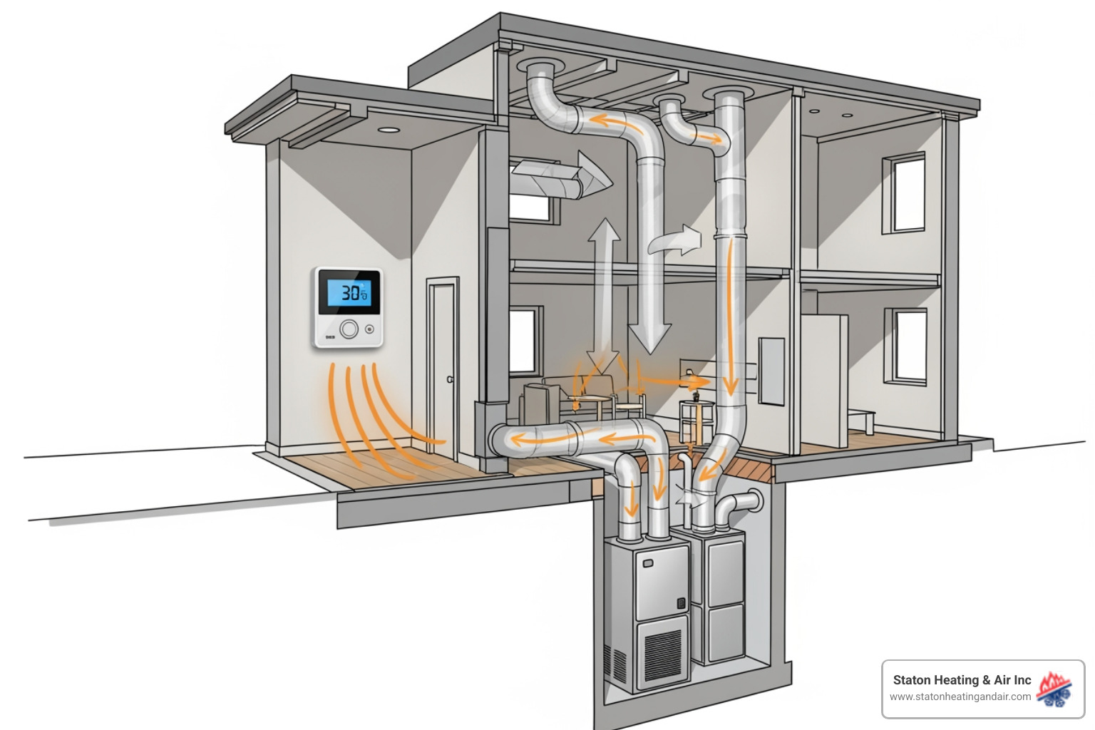 infographic showing the main components of a home heating system including a thermostat on the wall, a furnace or heat pump unit, supply and return ductwork throughout the home, and arrows showing heated air flow circulation through rooms - heating atlanta ga infographic showing the main components of a home heating system including a thermostat on the wall, a furnace or heat pump unit, supply and return ductwork throughout the home, and arrows showing heated air flow circulation through rooms - heating atlanta ga