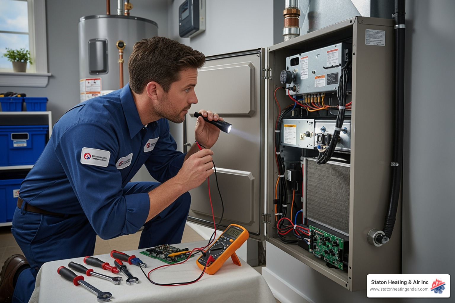 Infographic showing the top 5 benefits of annual heating maintenance: lower energy bills by up to 15%, fewer emergency repairs, extended equipment lifespan by 3-5 years, improved safety through carbon monoxide detection, and preserved manufacturer's warranty coverage