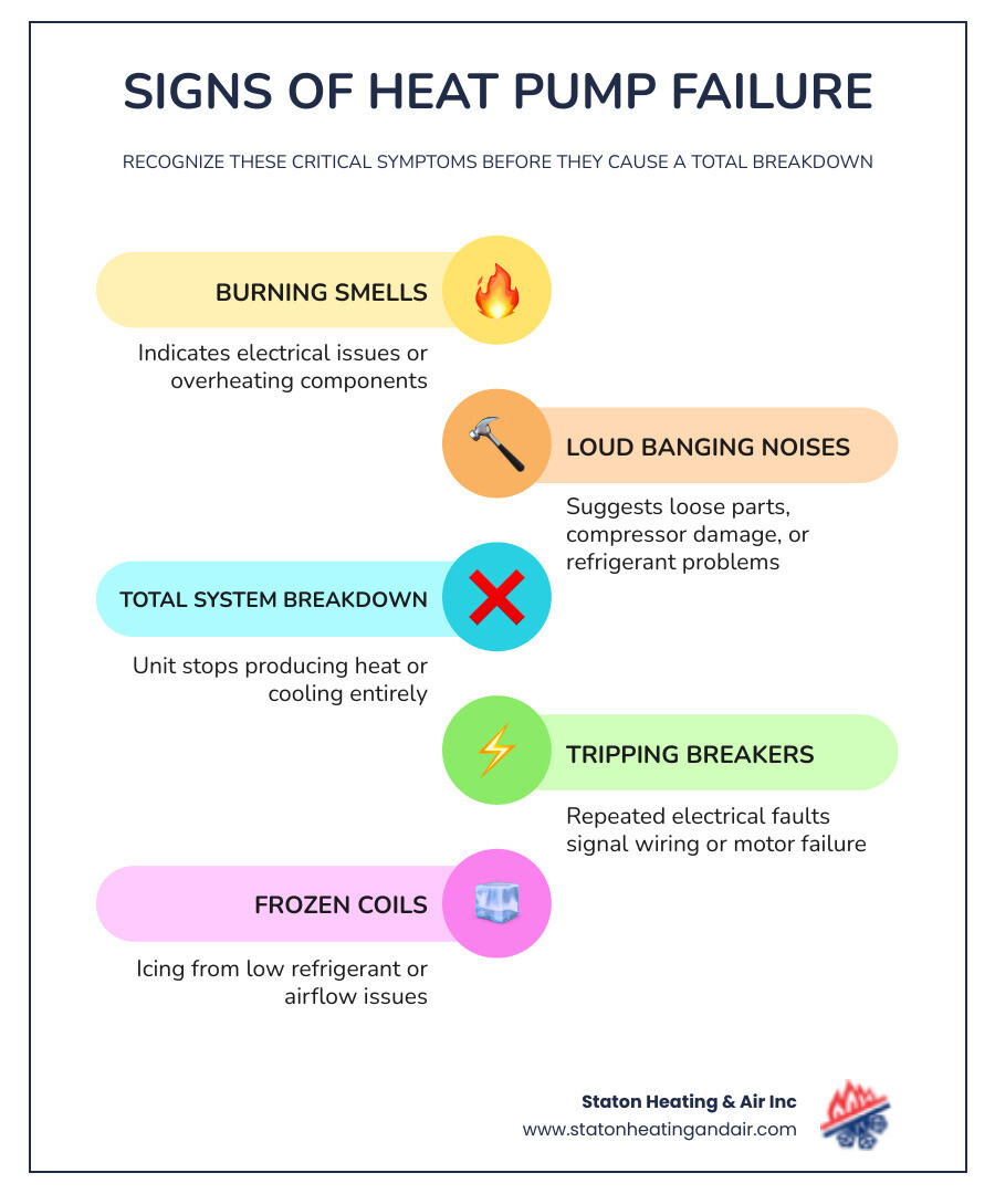 Infographic showing signs of heat pump failure and steps for emergency replacement in Alpharetta GA - emergency heat pump