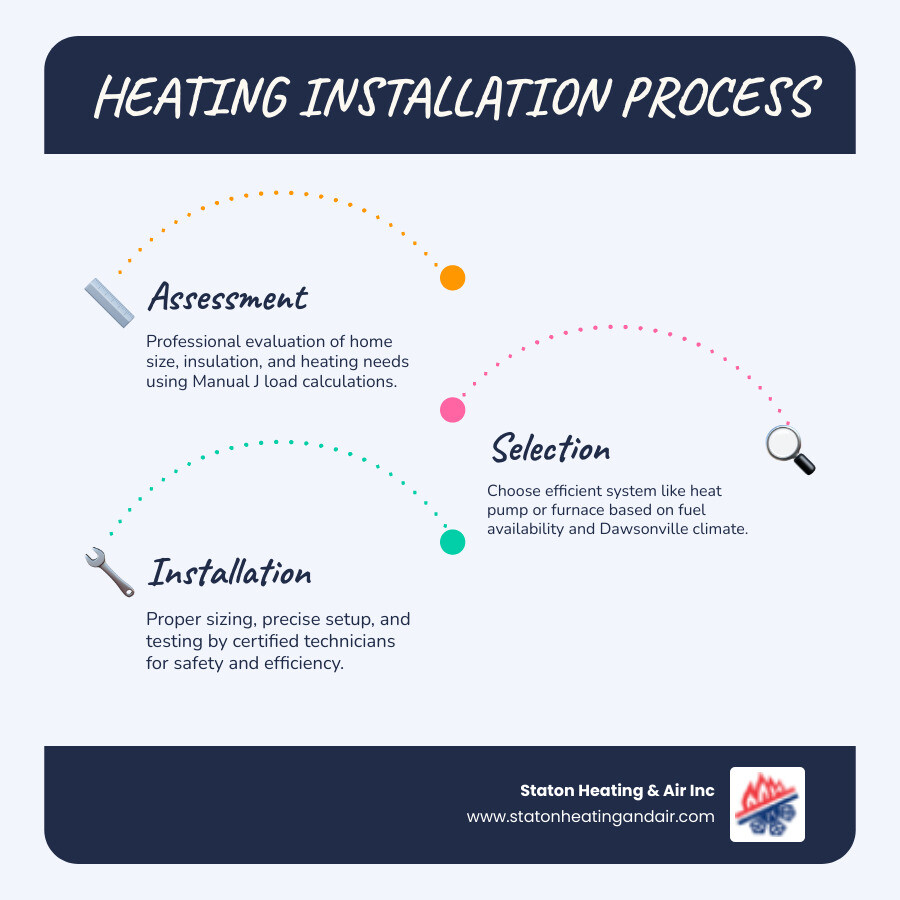 Infographic showing steps and key factors for affordable heating installation in Dawsonville GA - affordable heating