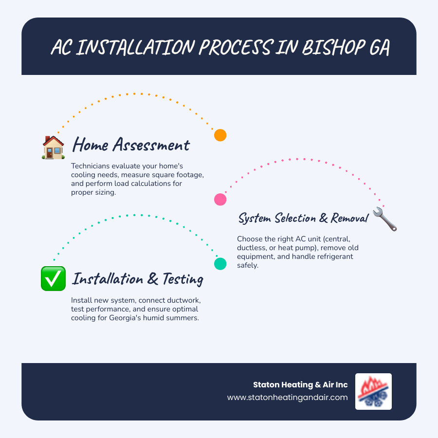 Infographic showing AC installation process steps for Bishop GA homeowners from assessment to post-install maintenance - ac Infographic showing AC installation process steps for Bishop GA homeowners from assessment to post-install maintenance - ac