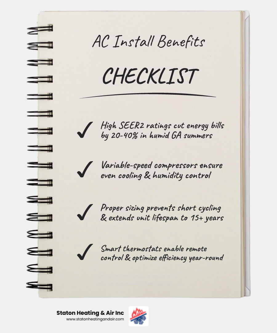 Infographic showing benefits of high-efficiency AC installation for Berkeley Lake GA homeowners - ac installation berkeley