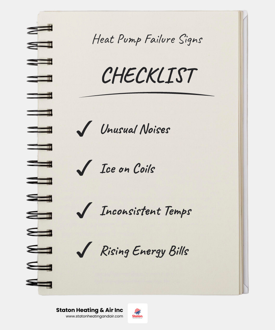 Infographic showing signs of commercial heat pump failure, repair process steps, and maintenance tips for Alpharetta GA
