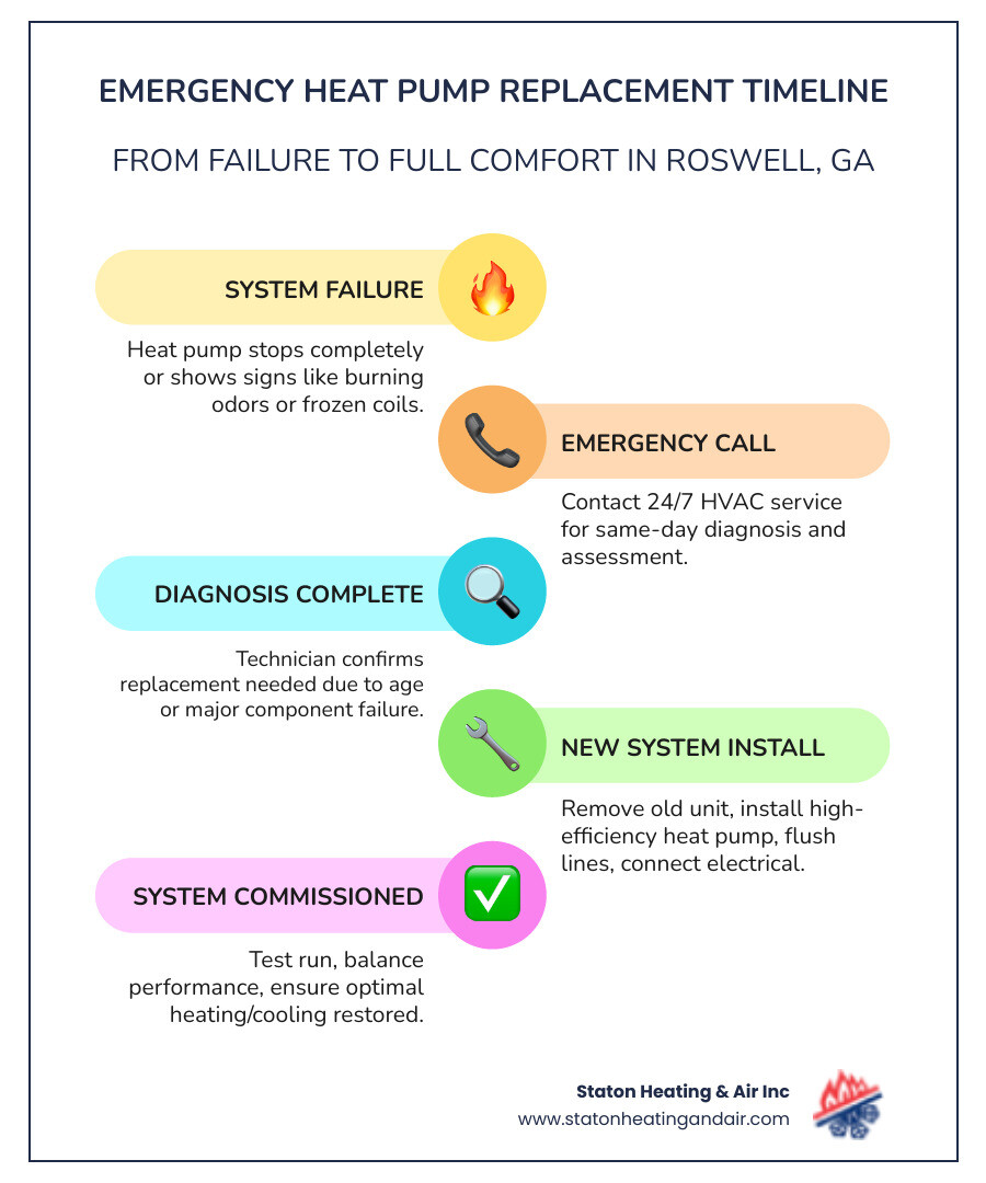 Infographic showing emergency heat pump replacement timeline: system failure, emergency call, same-day diagnosis