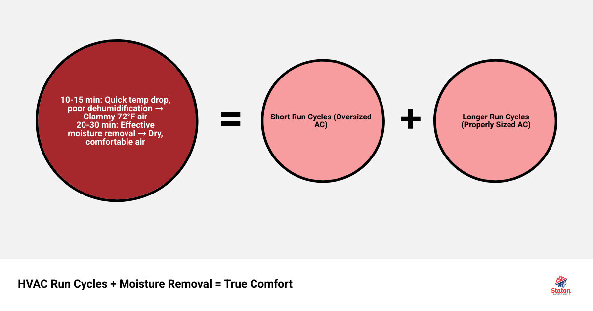 Infographic showing how HVAC run cycle length affects humidity removal and comfort in Metro Atlanta homes - getting the
