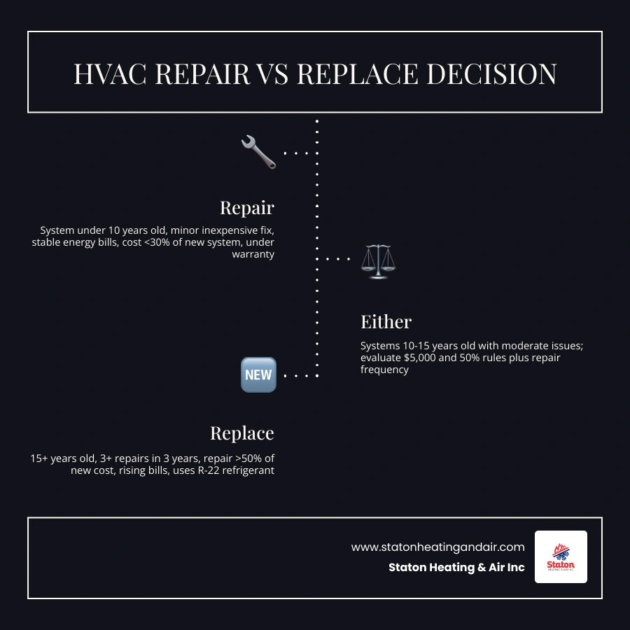 HVAC repair vs replace decision tree infographic for homeowners: age, cost rules, warning signs - should i repair or replace HVAC repair vs replace decision tree infographic for homeowners: age, cost rules, warning signs - should i repair or replace
