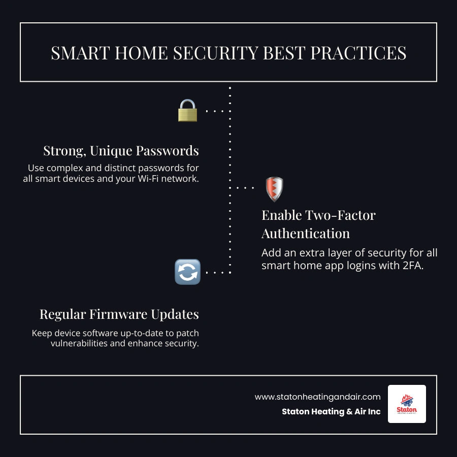 Infographic on smart home security best practices showing strong passwords, 2FA, and firmware updates - is upgrading to a
