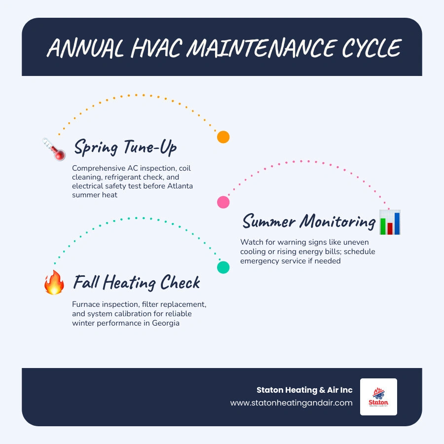 Annual HVAC maintenance cycle infographic showing spring AC tune-up, fall heating check, key benefits, and warning signs Annual HVAC maintenance cycle infographic showing spring AC tune-up, fall heating check, key benefits, and warning signs