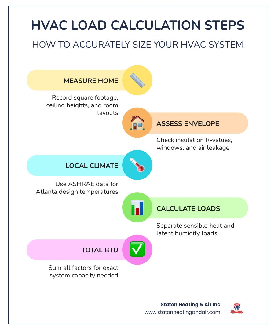 Step-by-step HVAC load calculation process from site survey to BTU sizing infographic Step-by-step HVAC load calculation process from site survey to BTU sizing infographic