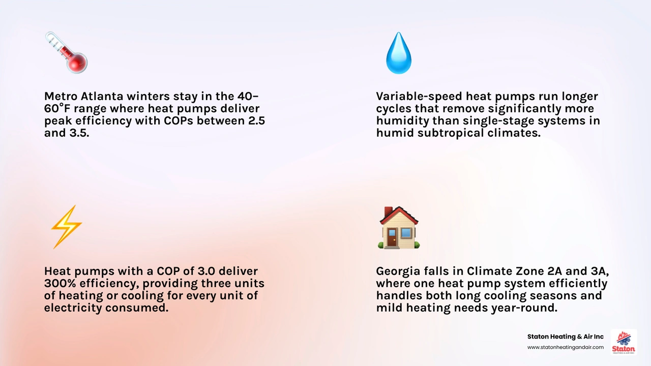 Infographic showing heat pump suitability factors for humid subtropical climates in Georgia infographic Infographic showing heat pump suitability factors for humid subtropical climates in Georgia infographic