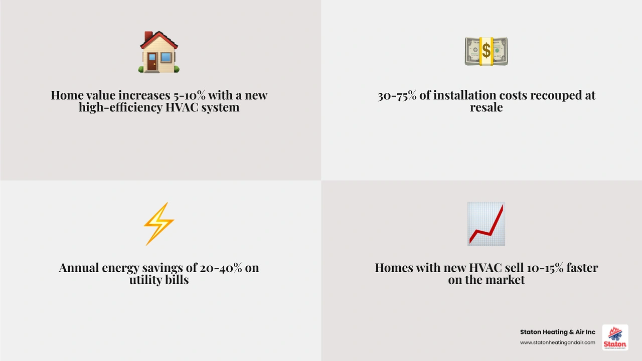 Infographic showing HVAC replacement ROI factors: home value increase, energy savings, payback period, and resale speed Infographic showing HVAC replacement ROI factors: home value increase, energy savings, payback period, and resale speed