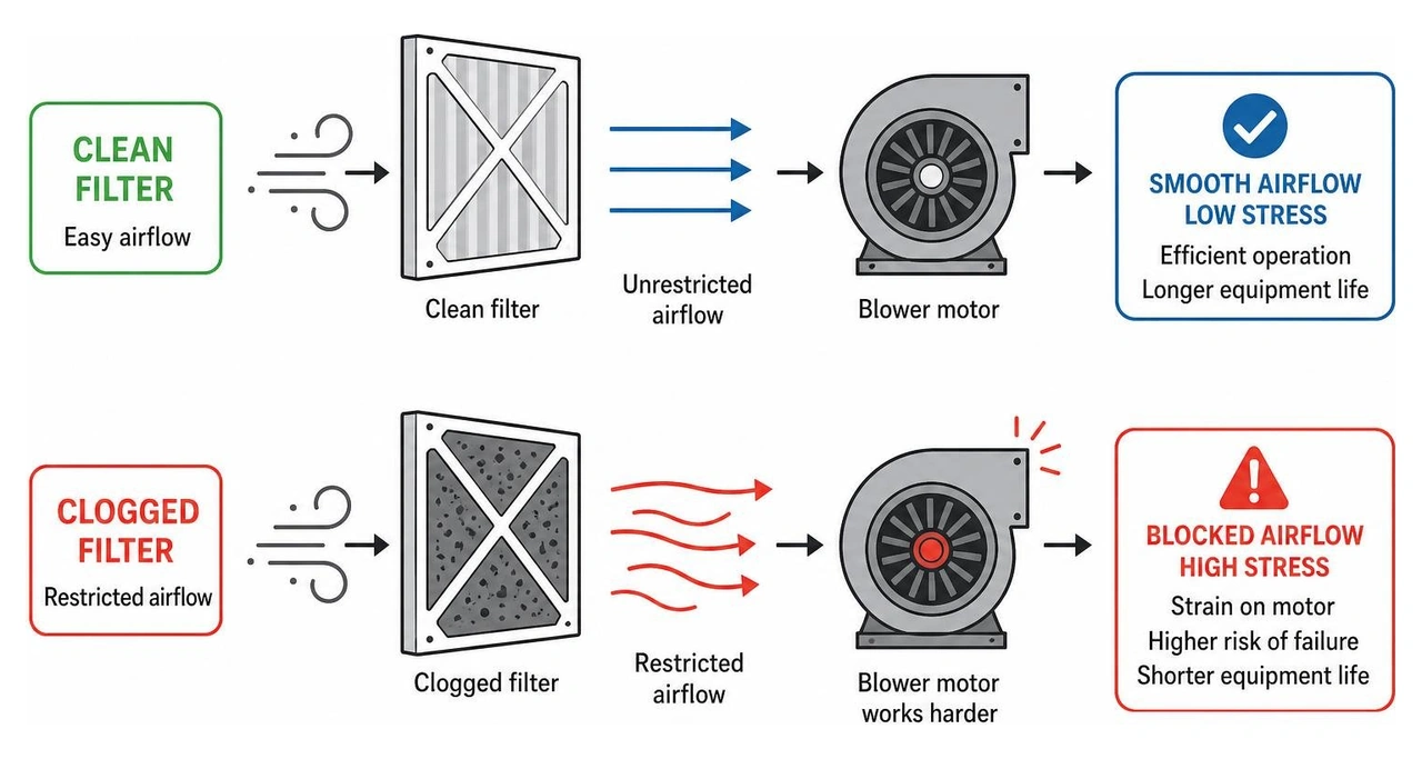 Airflow restriction comparison diagram showing a clean filter allowing smooth airflow versus a clogged filter blocking air Airflow restriction comparison diagram showing a clean filter allowing smooth airflow versus a clogged filter blocking air