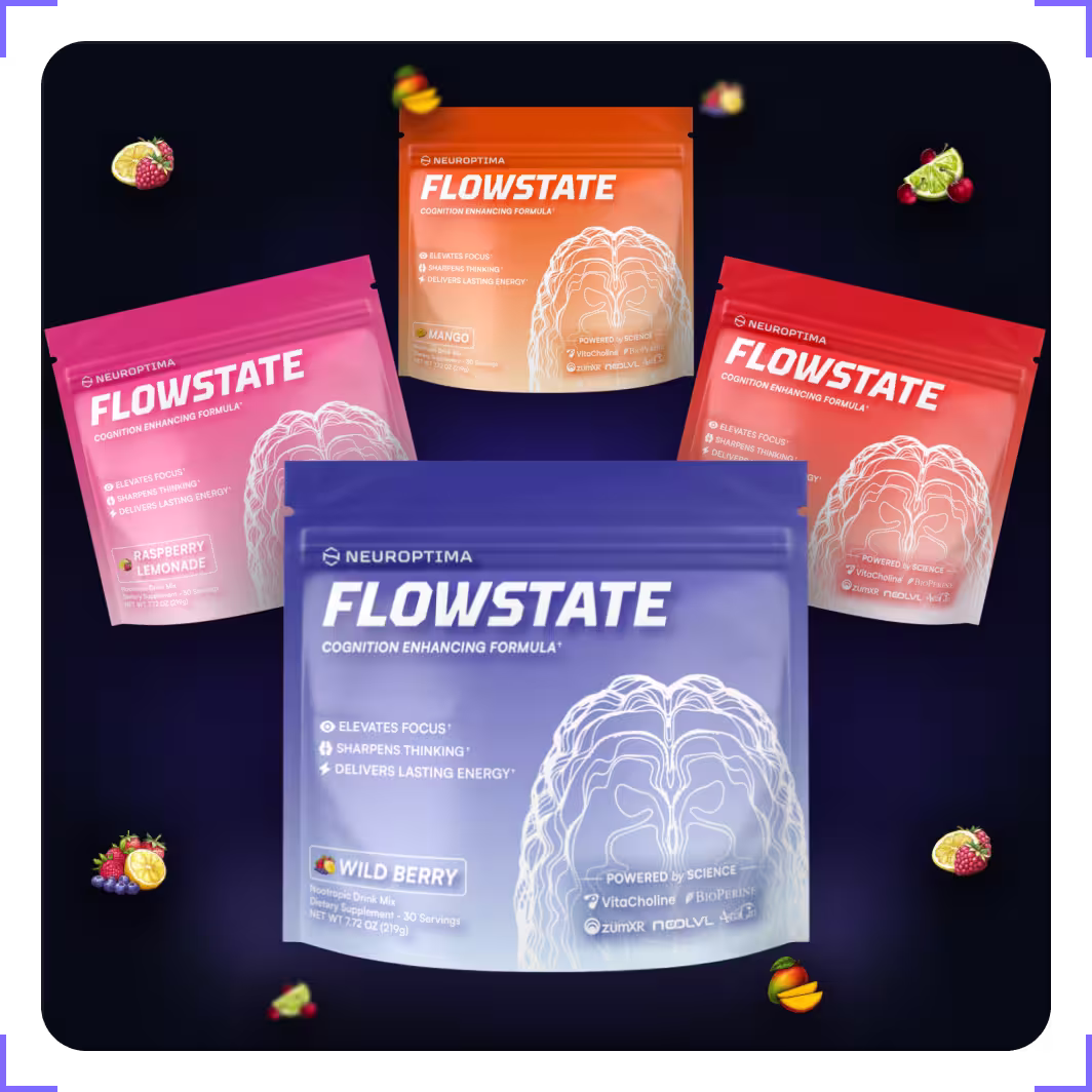 Flowstate nootropic drink mix in Wild Berry, Mango, Raspberry Lemonade and other flavors