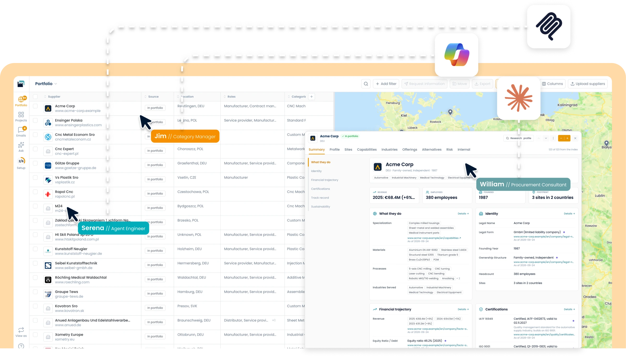 The Matchory supplier portfolio and a company profile, shared by a category manager, a procurement consultant, an agent engineer and their AI agents