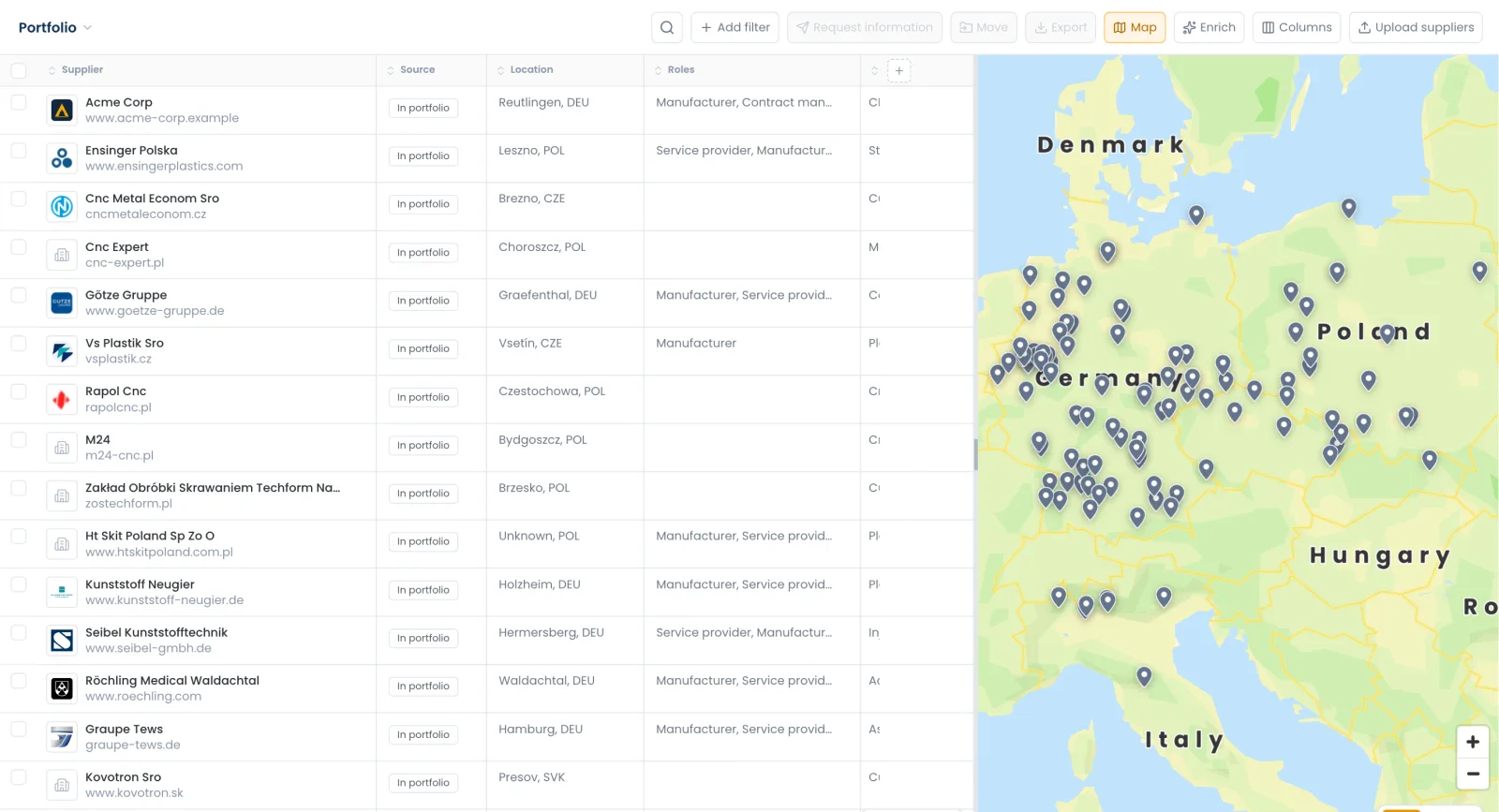 Your supplier portfolio in Matchory, as a table beside a map of every site