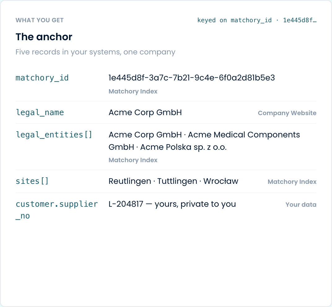The anchor — Five records in your systems, one company