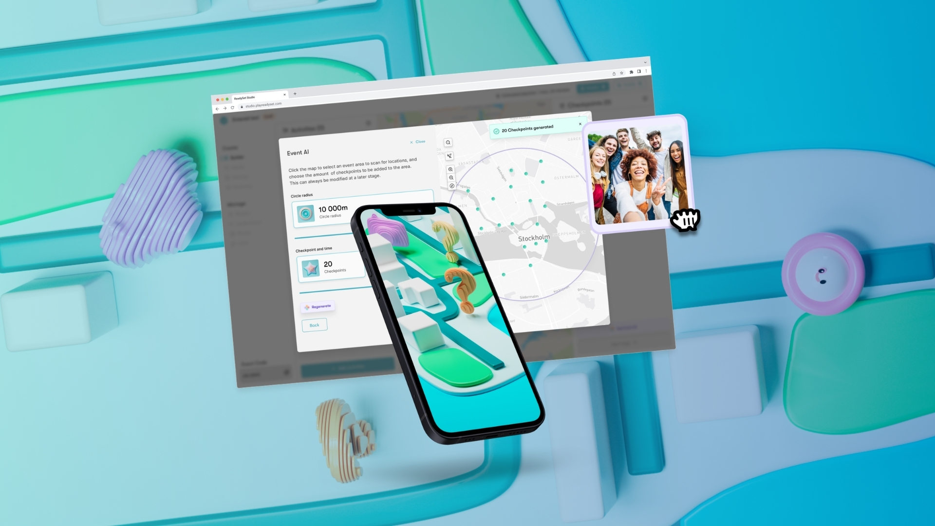 An image of the intuitive ReadySet Studio that lets you create real world gamified experiences, and the ReadySet mobile app.
