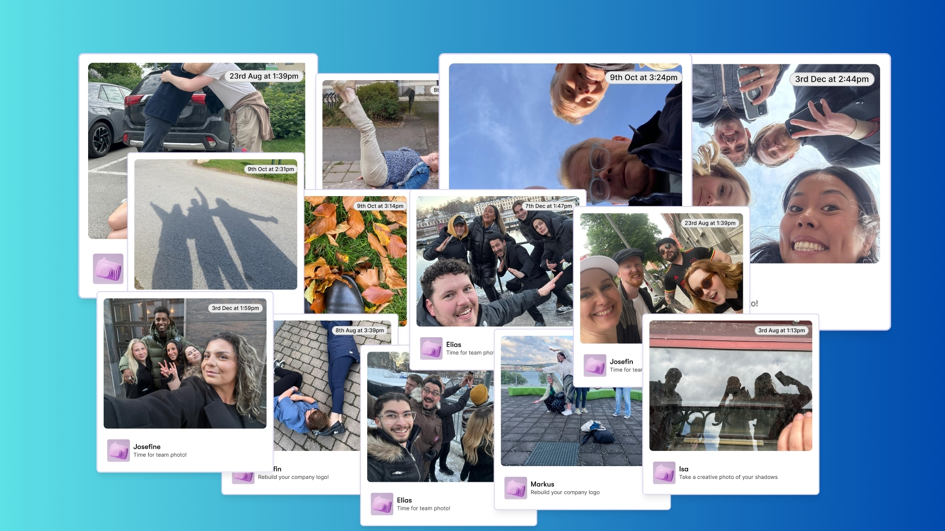 A collage of photos captured during a ReadySet team building event, showing participants having fun while engaging in team building challenges.