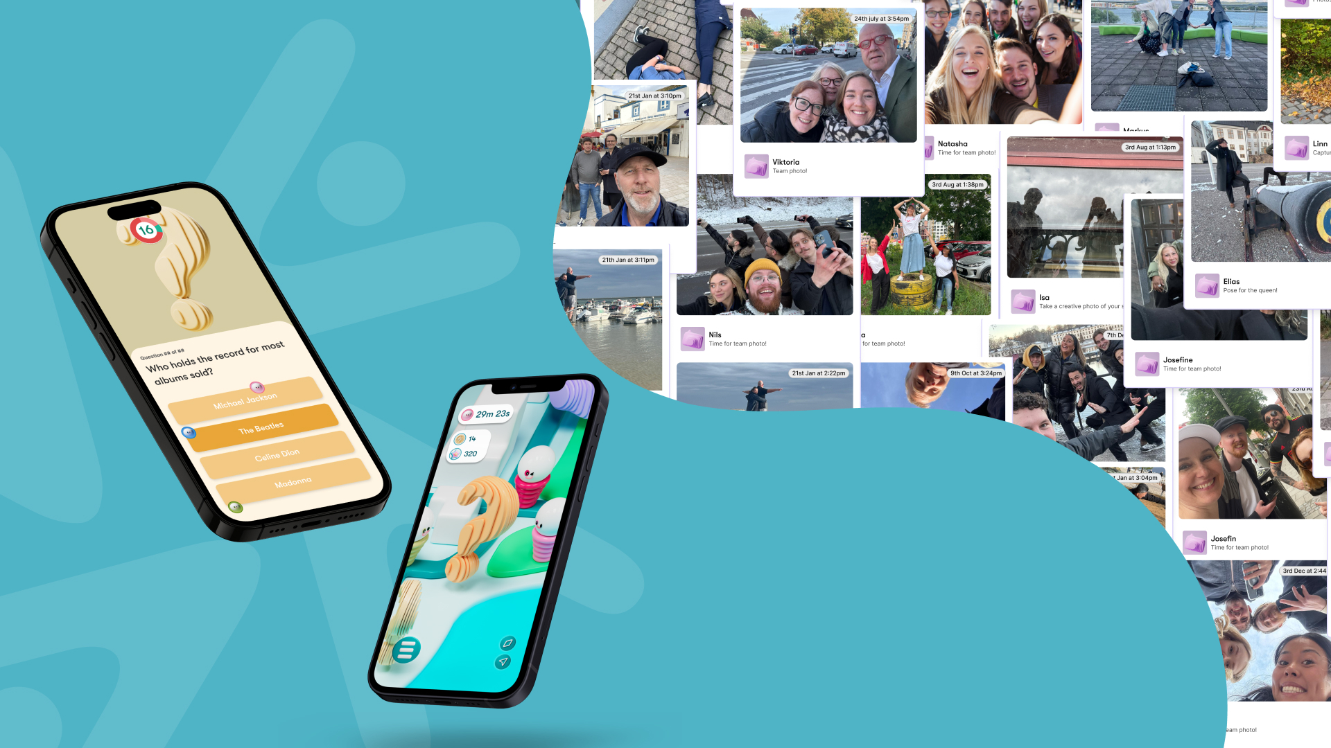 A collage of groups having fun playing a ReadySet mobile scavenger hunt