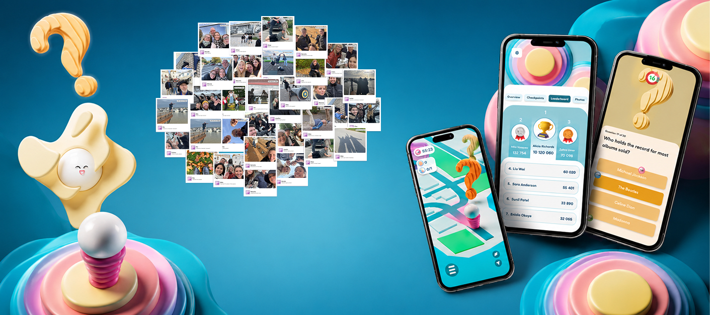 A collage of pictures taken during fun and engaging team building events using ReadySet, along with a view of the ReadySet mobile app.
